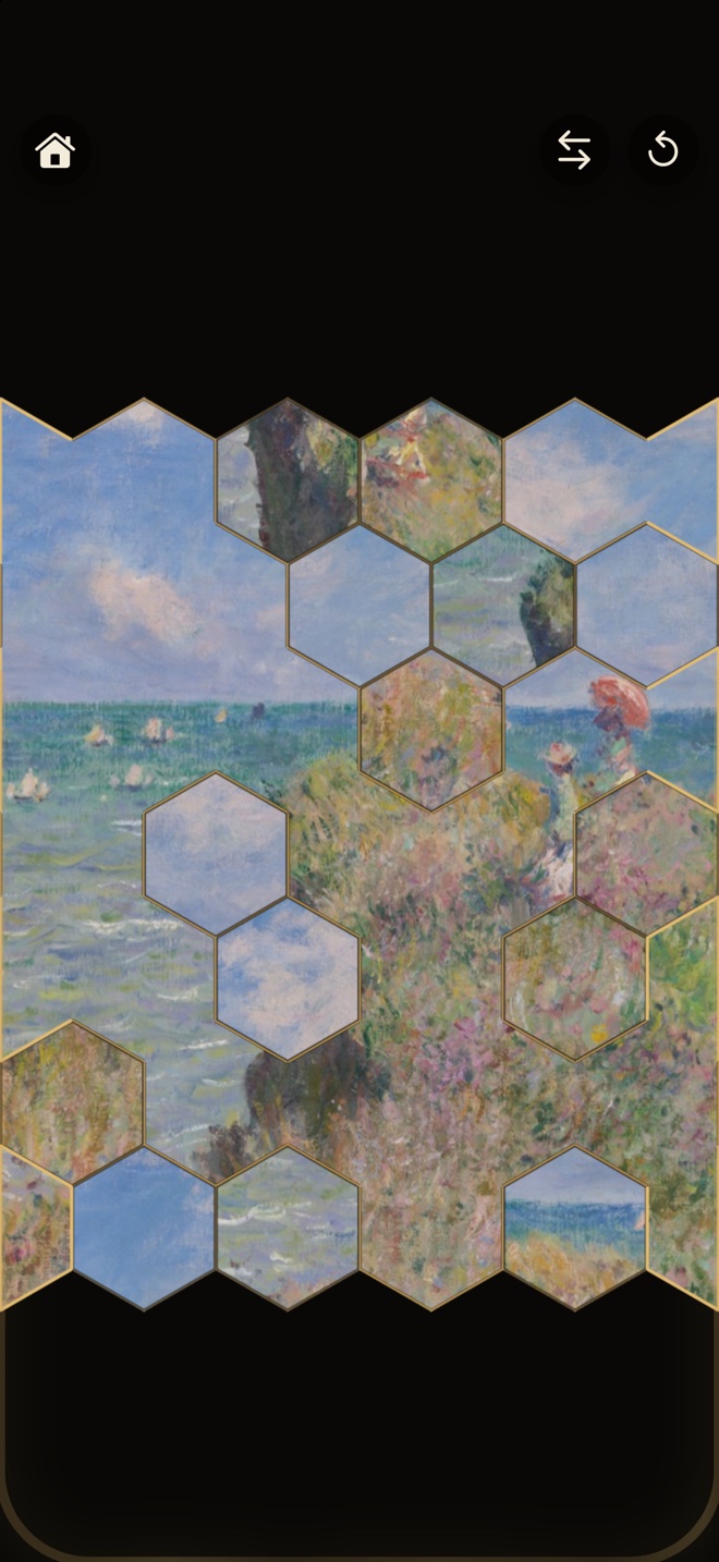 The Antiqua puzzle board mid-solve: Monet’s Cliff Walk at Pourville cut into gold-edged hexagons on a black ground