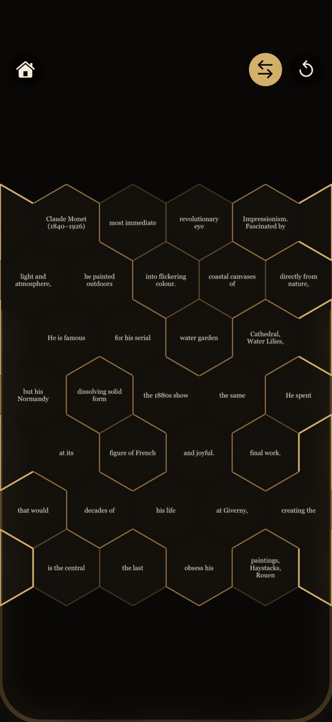 The same board turned to its text side: each hexagon holds a fragment of the painting’s story