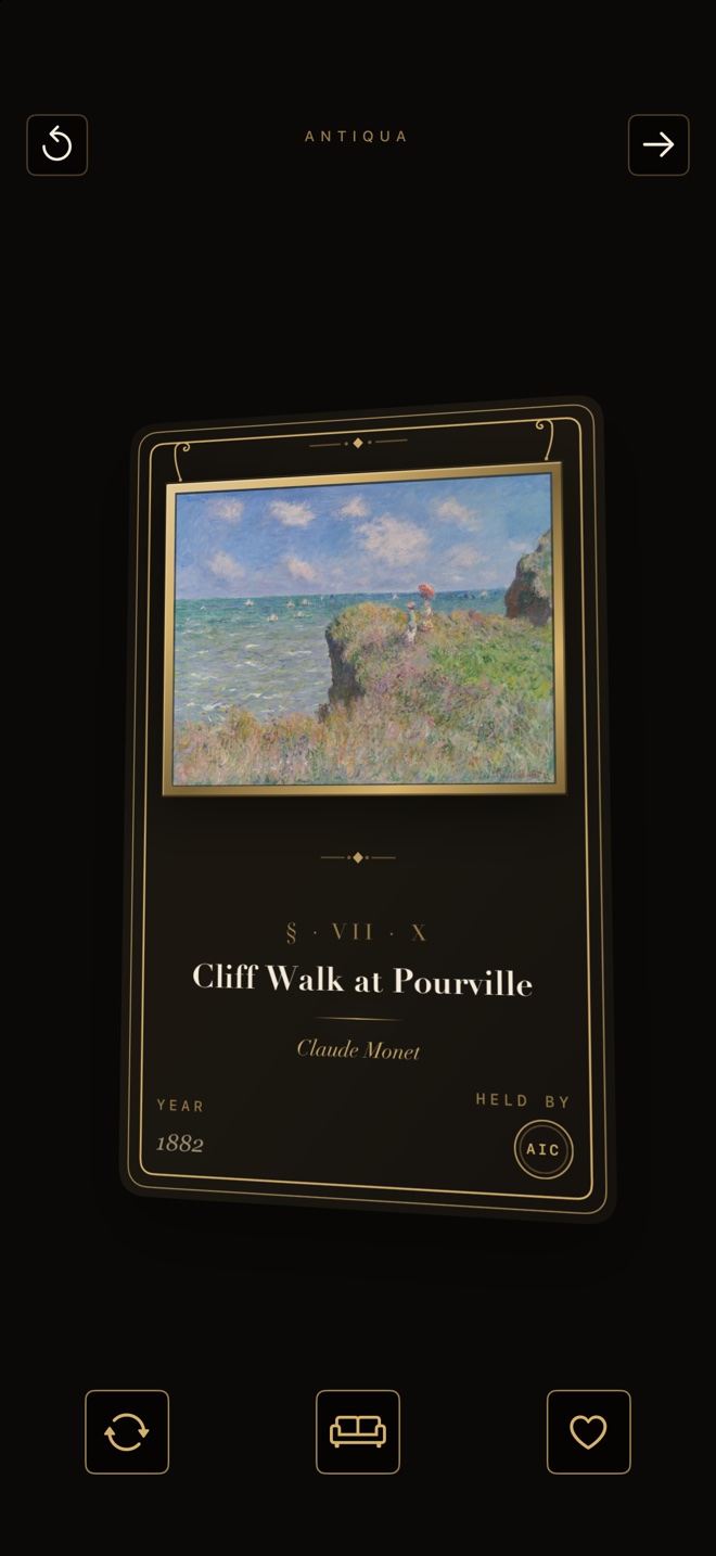The completion card for Cliff Walk at Pourville: the painting in a gilt frame, its title, Claude Monet, the year 1882 and the museum that holds it