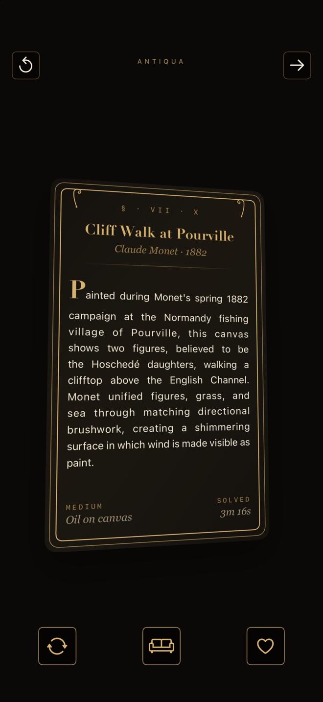 The card turned over: the wall text about the painting, its medium and the time it took to solve